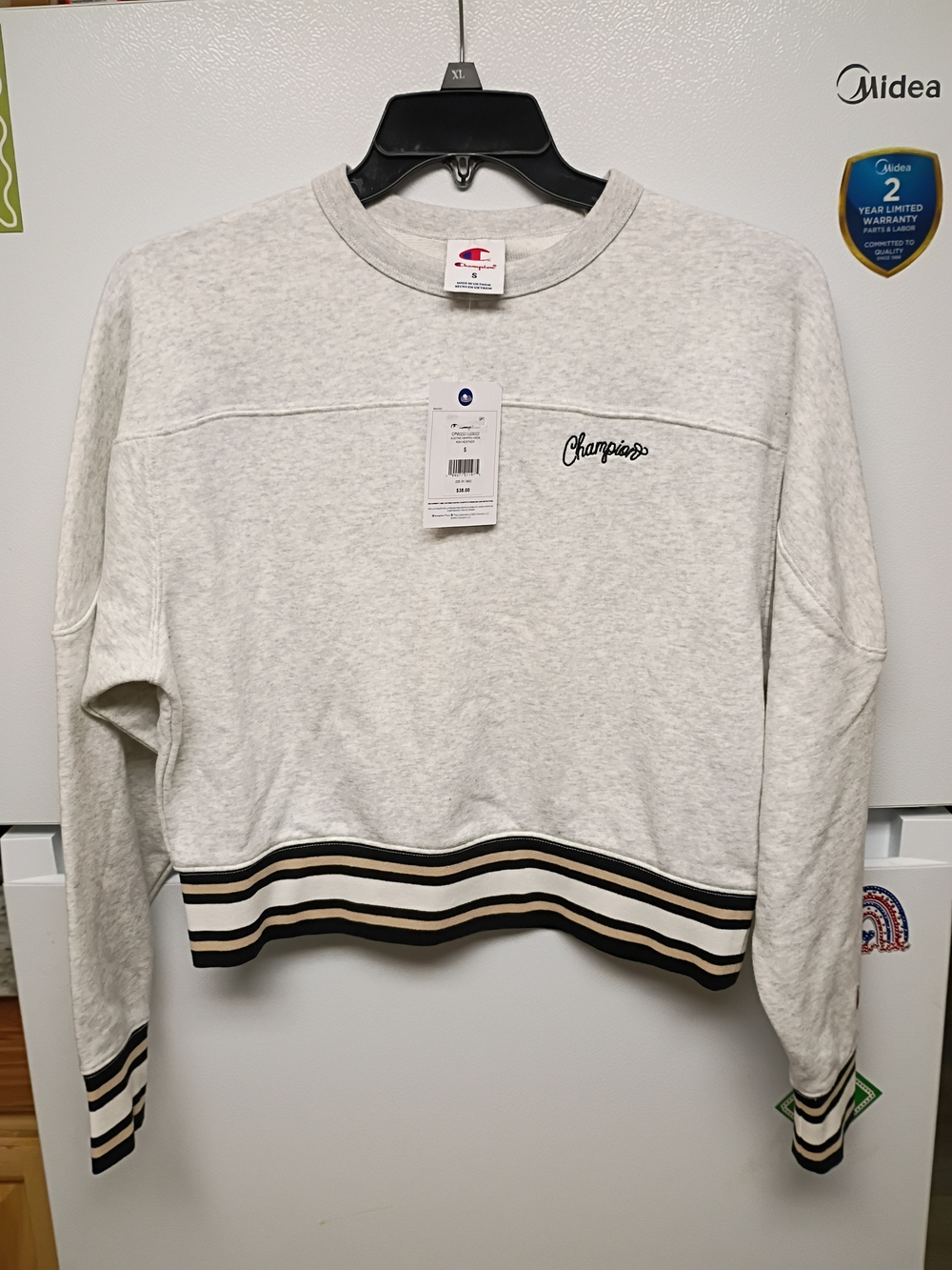 Champion Cream Crewneck Sweatshirt with Black and Tan Striped Hem